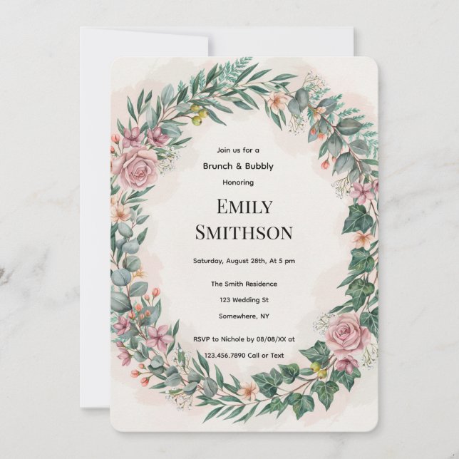 Invitation Feuillage avec brunch et bulles de fleurs roses (Devant)