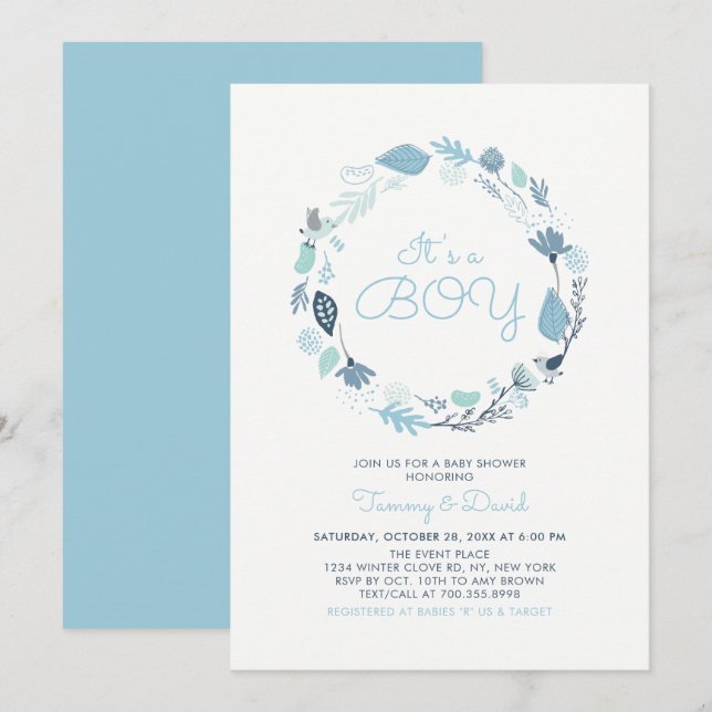 Invitation Feuillage Bleu | Baby Shower pour Garçon pour les  (Devant / Derrière)