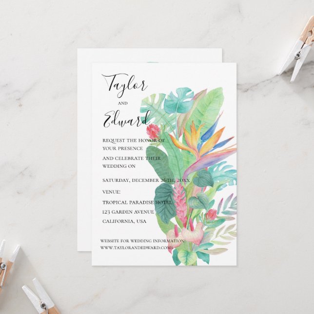 Invitation Feuillage botanique exotique aquarelle tropical (Devant/Arrière en situation)