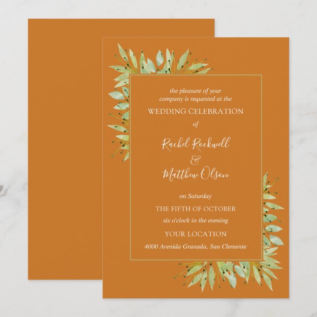Invitation Feuillage botanique sur mariage ochre (Devant / Derrière)