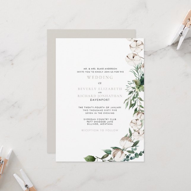 Invitation Feuillage & Coton Mariage Moderne  (Devant/Arrière en situation)
