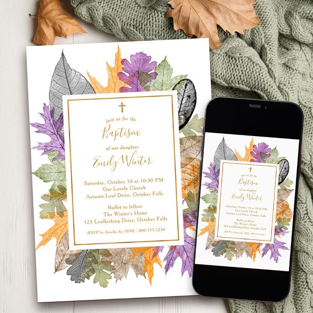 Invitation Feuillage d'automne délicat Baptême neutre Script  (Fall Baptism Invitation with delicate autumn leaves to order printed or as a printable download)