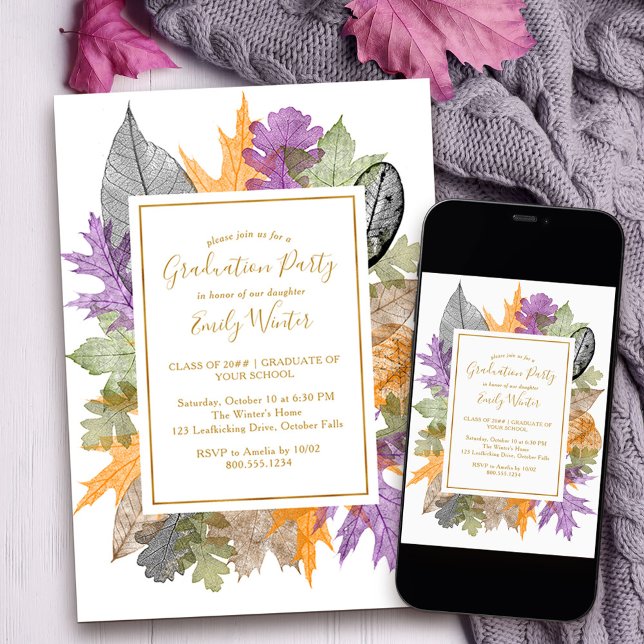 Invitation Feuillage d'automne Feuilles d'automne Écriture do (Fall Grad Party Invitation with autumn leaves to order printed or as a printable download)