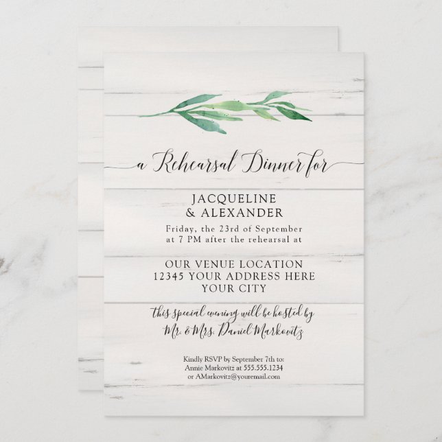 Invitation Feuillage de bois blanc rustique Verdure Aquarelle (Devant / Derrière)