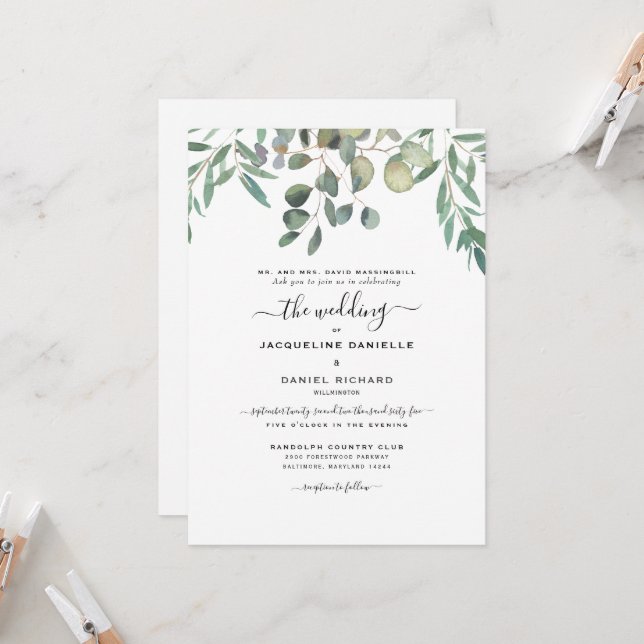 Invitation Feuillage de eucalyptus rêveur simplement mariage  (Devant/Arrière en situation)