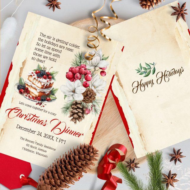 Invitation Feuillage de fête Fleurs de cône de pin vintage No (Créateur téléchargé)