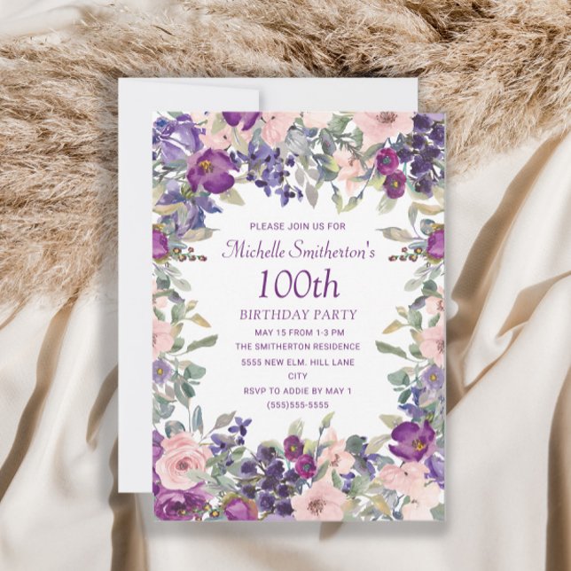 Invitation Feuillage de fleurs rose pourpre 100e anniversaire (Créateur téléchargé)