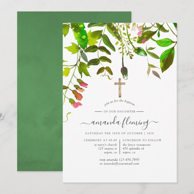 Invitation Feuillage de printemps à l'aquarelle Baptême ou Ch (Devant / Derrière)