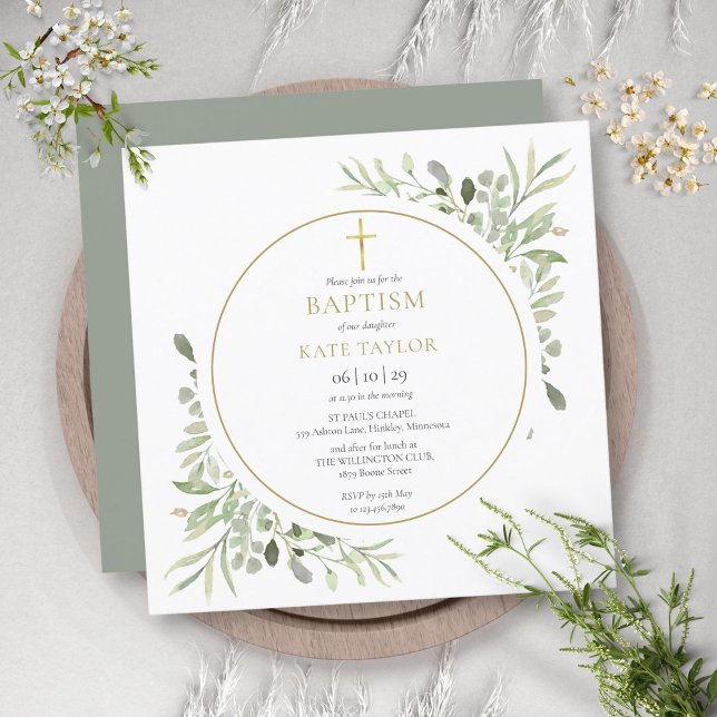Invitation Feuillage de verdure à l'aquarelle Baptême Christe (Créateur téléchargé)
