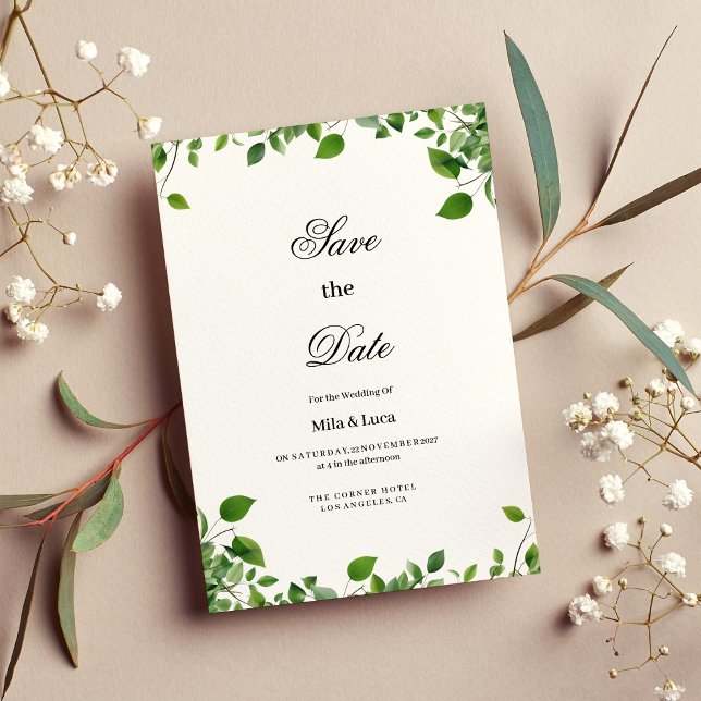 Invitation Feuillage de verdure botanique simple Enregistrer  (Botanical greenery foliage simple Save the Date)