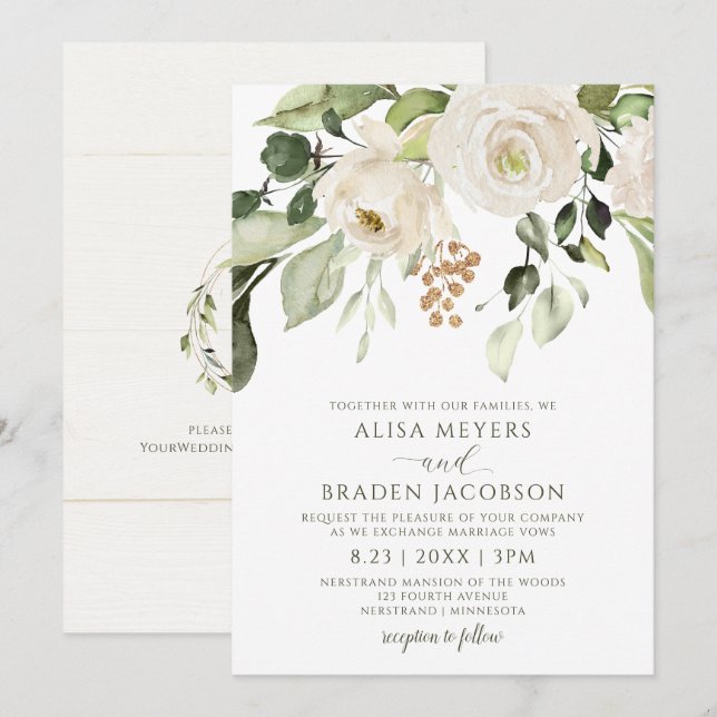 Invitation Feuillage de verdure élégant pour mariage or blanc (Devant / Derrière)