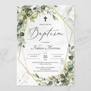 Invitation Feuillage de verdure géométrique or feuille baptêm