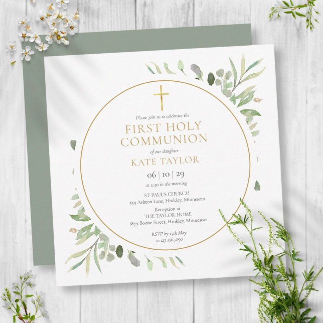 Invitation Feuillage de verdure Première Sainte Communion Or (Créateur téléchargé)