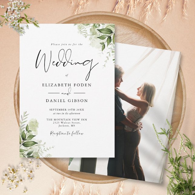 Invitation Feuillage de verdure rustique élégant Photo Mariag (Rustic Greenery Leaves Elegant Photo Wedding Invitation)