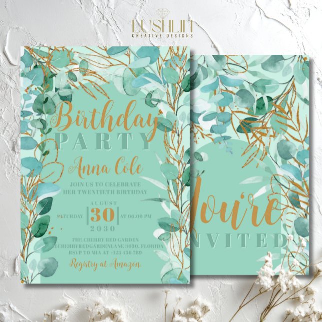 Invitation Feuillage de verdure sage Anniversaire Élégant Mod (Créateur téléchargé)