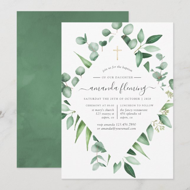 Invitation Feuillage d'eucalyptus baptême ou christening (Devant / Derrière)