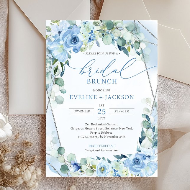 Invitation Feuillage d'eucalyptus bleu et argent Brunch nupti (silver and blue flowers eucalyptus bridal brunch invitation digital)
