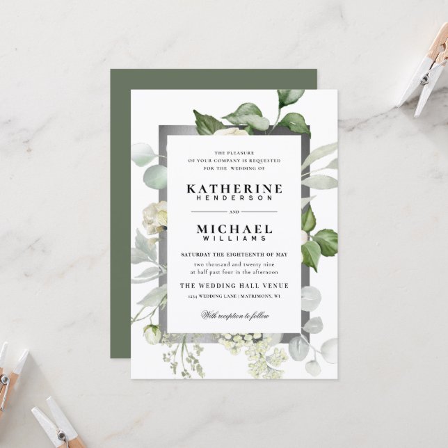 Invitation Feuillage d'eucalyptus Élégant Mariage Floral Ivoi (Devant/Arrière en situation)
