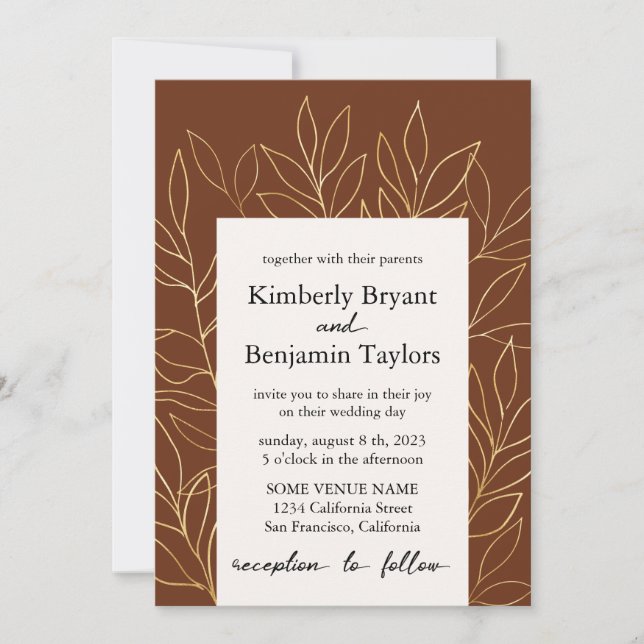 Invitation Feuillage d'or. Mariage de luxe moderne brun rouil (Devant)