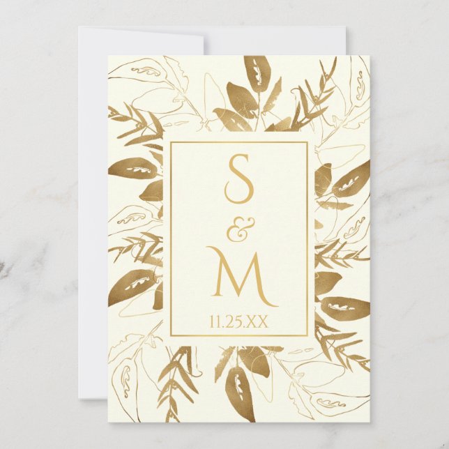 Invitation Feuillage doré | Elégant Mariage blanc ivoire or (Devant)