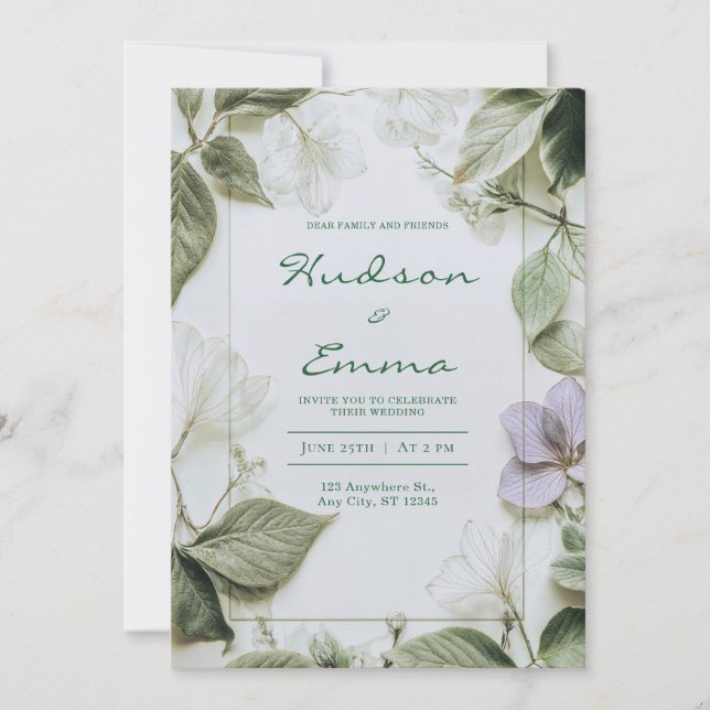 Invitation Feuillage Élégant de Fleurs Pressées Mariage Rusti (Devant)