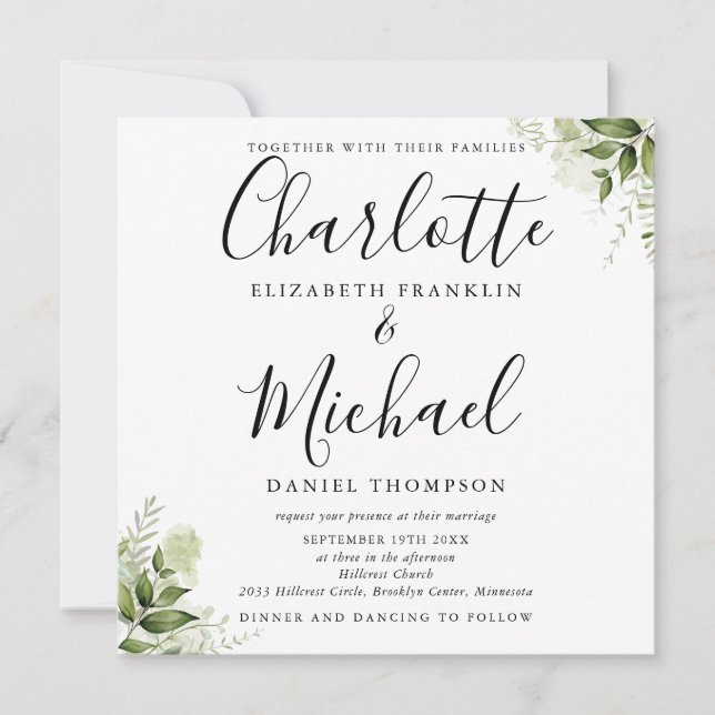 Invitation Feuillage Élégant Écriture Mariage Tout En Un (Devant)