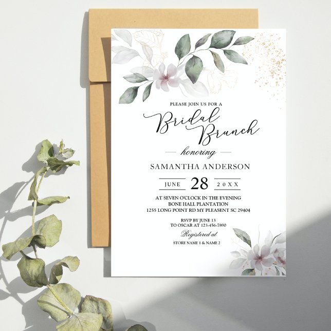 Invitation Feuillage et Fleur Aquarelle Douce Végétation | Or (Créateur téléchargé)