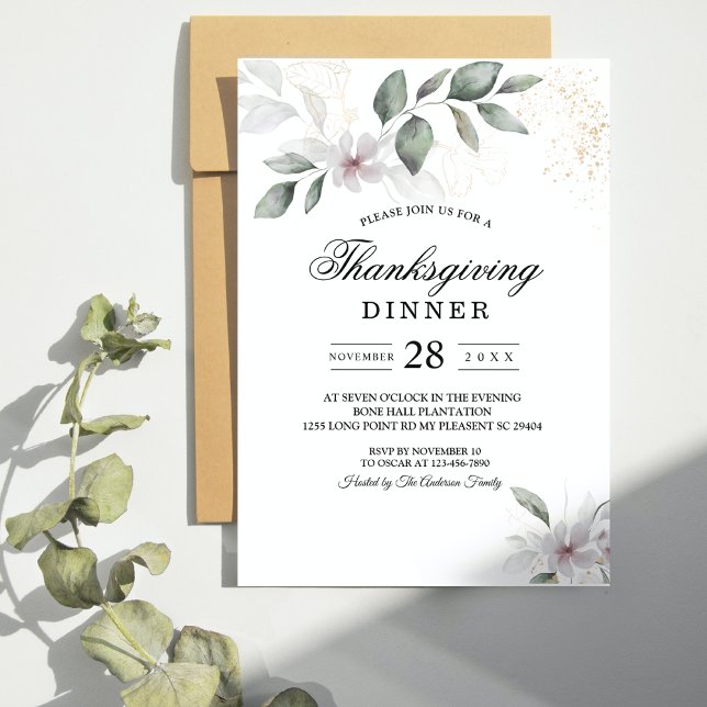 Invitation Feuillage et Fleur Aquarelle Douce Végétation | Or (Créateur téléchargé)