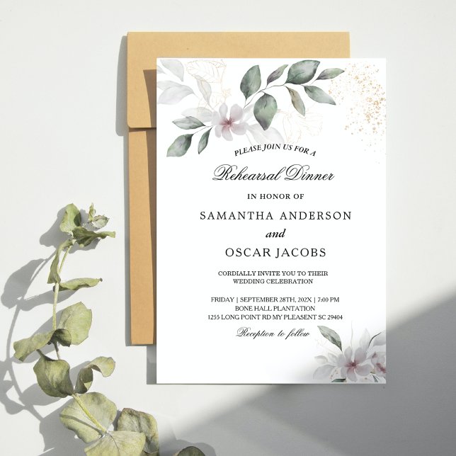 Invitation Feuillage et Fleur Aquarelle Douce Végétation | Or (Créateur téléchargé)