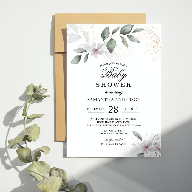 Invitation Feuillage et Fleur Aquarelle Douce Verdure | Or (Créateur téléchargé)