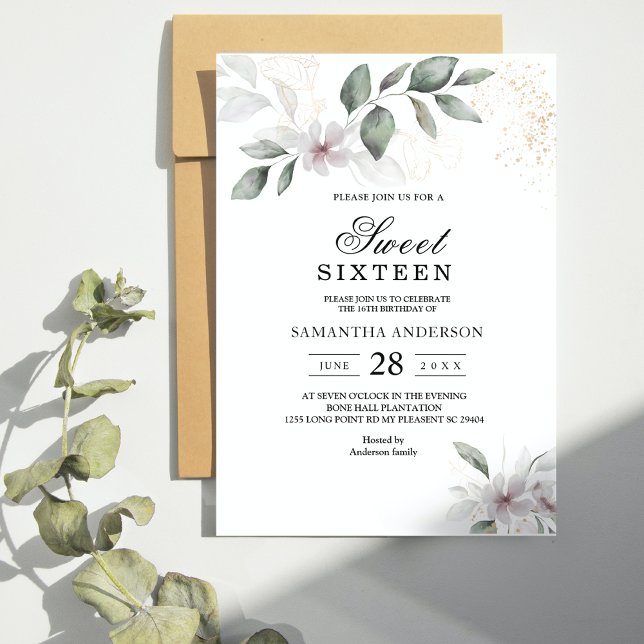 Invitation Feuillage et Fleur Aquarelle Douce Verdure | Or (Créateur téléchargé)