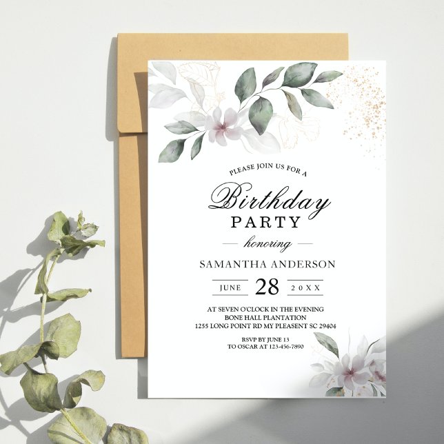 Invitation Feuillage et Fleur Aquarelle Douce Verdure | Or (Créateur téléchargé)