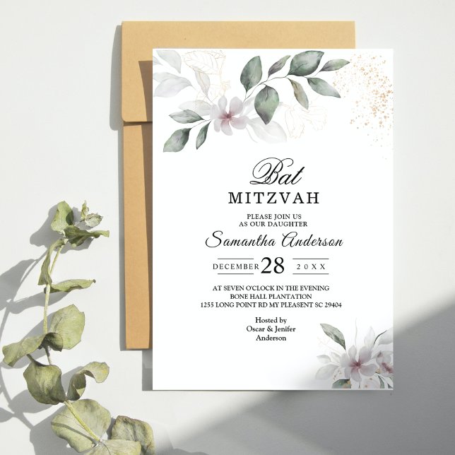 Invitation Feuillage et Fleur Aquarelle Douce Verdure | Or (Créateur téléchargé)