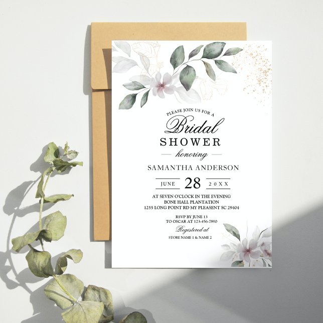 Invitation Feuillage et Fleur Aquarelle Douce Verdure | Or (Créateur téléchargé)