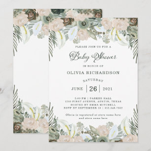 Invitation Feuillage et floral   Baby shower vert Sage