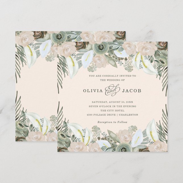 Invitation Feuillage et floral | Mariage rose pâle (Devant / Derrière)