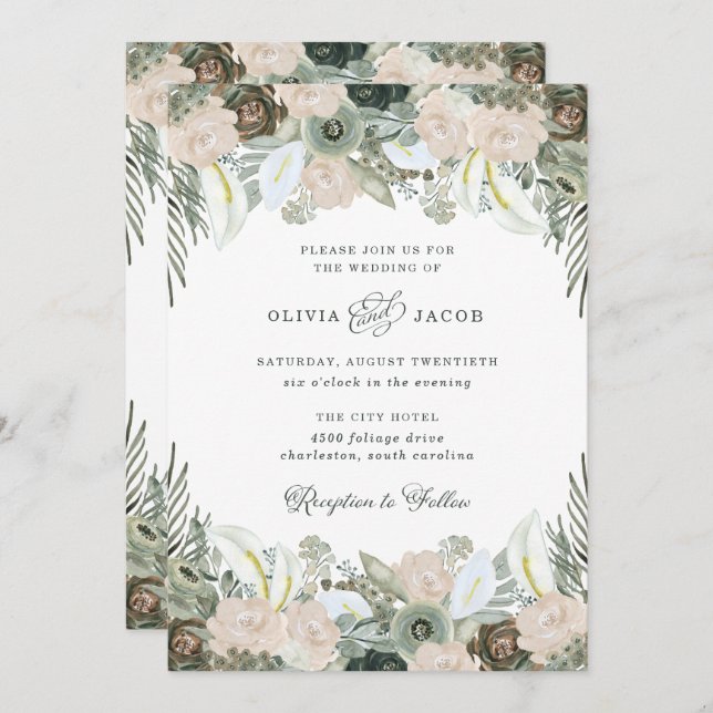 Invitation Feuillage et floral | Mariage vert Sage (Devant / Derrière)