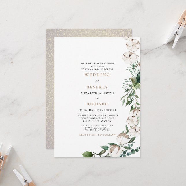 Invitation Feuillage et mariée en coton Parents Glam mariage (Devant/Arrière en situation)