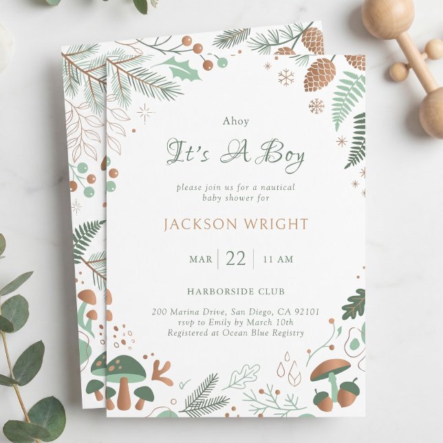 Invitation Feuillage fantaisiste de la forêt et garçon aux ch (Whimsical Woodland Greenery and Mushrooms Boy Invitation)