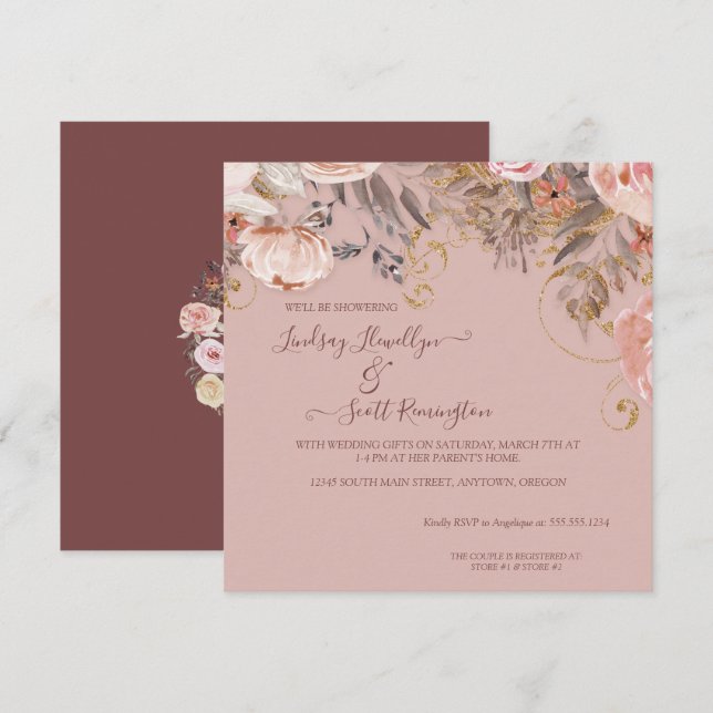 Invitation Feuillage floral bouché Rose or Boho Couples douch (Devant / Derrière)
