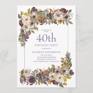 Invitation Feuillage floral d'ivoire jaune pourpre 40e annive