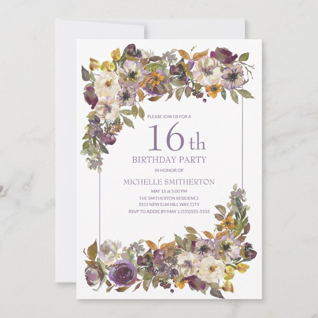Invitation Feuillage floral d'ivoire jaune violet 16e anniver (Devant)