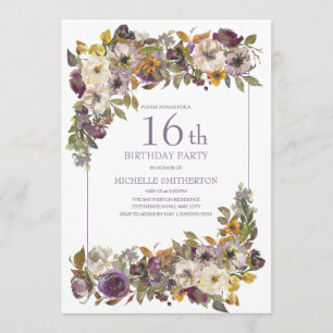 Invitation Feuillage floral d'ivoire jaune violet 16e anniver