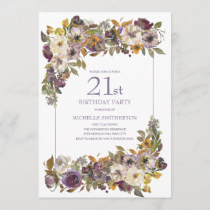 Invitation Feuillage floral d'ivoire jaune violet 21e anniver