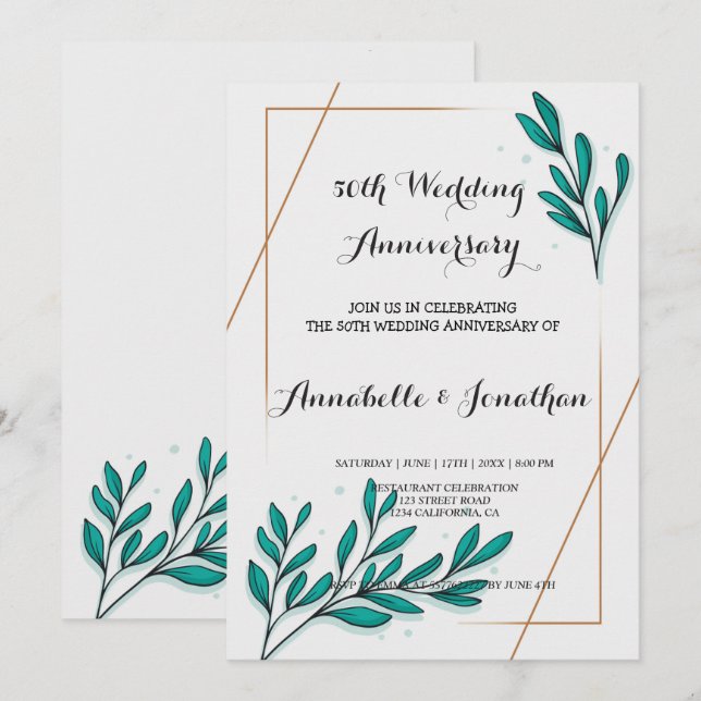 Invitation Feuillage floral papier d'or feuilles mariage anni (Devant / Derrière)