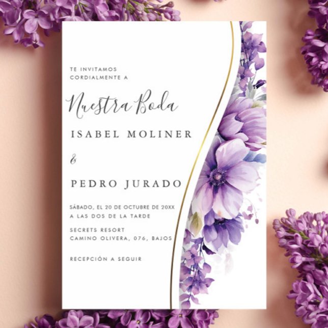 Invitation Feuillage floral pourpre Nuestra Boda Mariage espa (Créateur téléchargé)