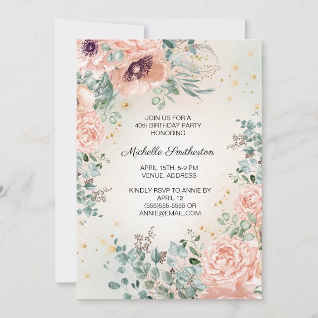Invitation Feuillage Floral Rose Pailleté Or 40e Anniversaire (Devant)