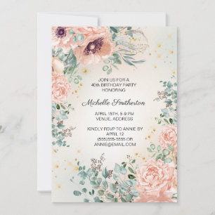 Invitation Feuillage Floral Rose Pailleté Or 40e Anniversaire