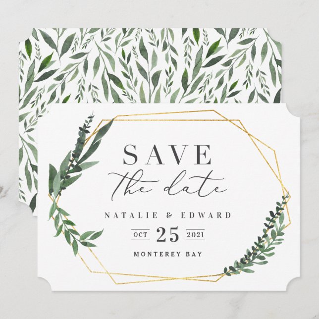 Invitation feuillage gouache géométrique or (Devant / Derrière)
