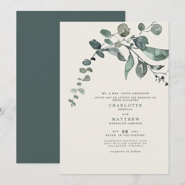 Invitation Feuillage Mariage Parents de la Mariée Teal & Crèm (Devant / Derrière)
